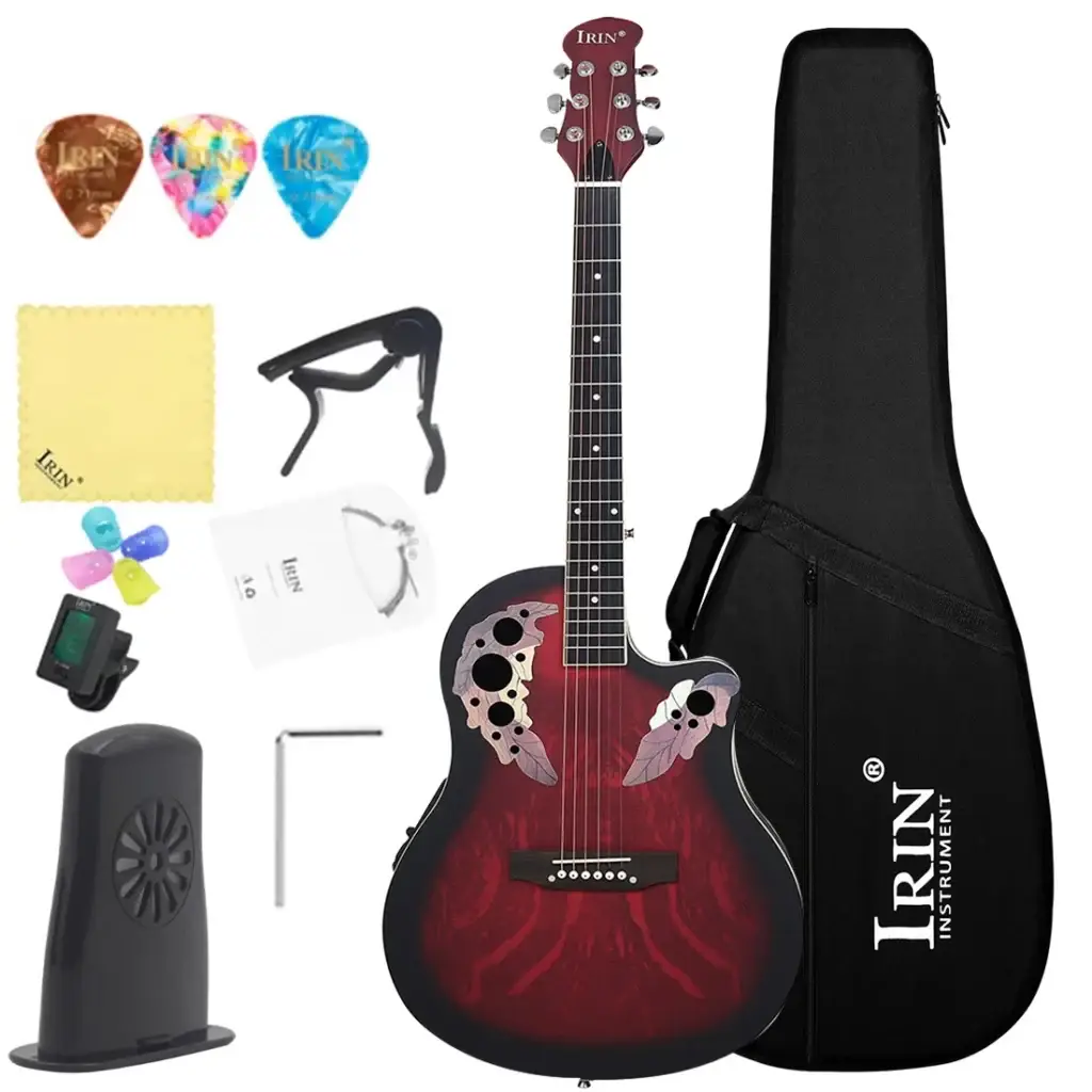 Guitare acoustique IRIN rouge-noir vue complète pour débutants