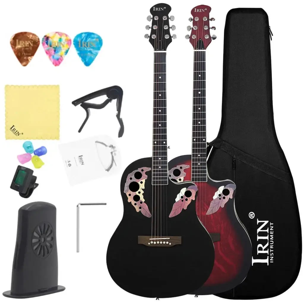 Guitare acoustique folk IRIN noir avec panneau épicéa fleur de raisin, vue de face